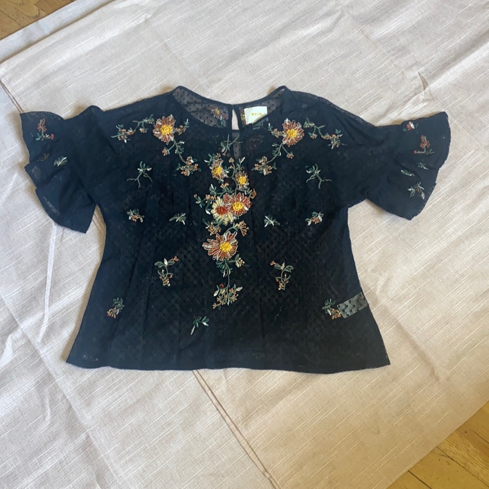 MAEVE Anthropologie Black Floral Embroidered Blouse Size Small